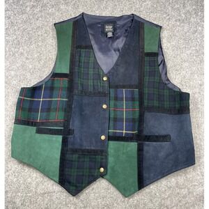 Vintage 80s‎ Leather Vest Women's 22/24 Green Blue Plaid Patchwork Retro